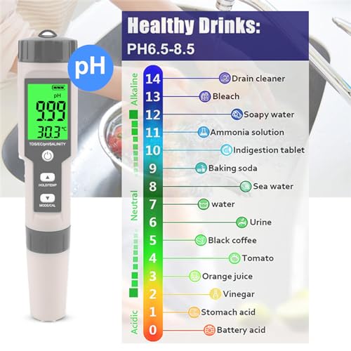 Image of Pool Salt Tester - Multifunctional 5 in 1 Salinity, PH, TDS, EC, and Temperature Meter, Pool Salinity Testing Kit, Digital Salinity Tester for Swimming Pool,Saltwater, Sea Water, Aquarium