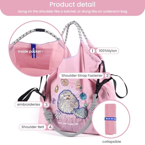 Image of Ball&Chain Stylish Embroidered Nylon Tote Bag for Women - Perfect for Shopping,Travel, Beach, and Ideal Birthday Gift! (Pink, Large)