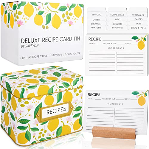 Lemon Recipe Box with Cards and Dividers - 60 Lemon Decor Recipe Card Gift Box with 15 Recipe Card Dividers and Wooden Recipe Card Holder | Lemon Recipe Card Box, Lemon Recipe Tin, Recipe Organizer