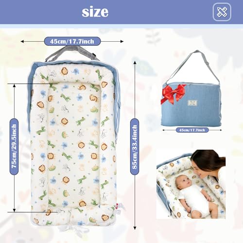 Image of Baby Lounger for Newborn Portable Bag,Baby Nest Play Gym mat with Strap,Newborn Lounger Adjustable Size & Inner Zipper Lengthen Space to 24 Months,Animal World Blue