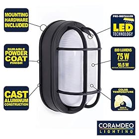 CORAMDEO Outdoor 8.5” Oval LED Nautical Bulkhead Light, Flush Mount for Wall or Ceiling, Wet Location, 75W of Light, 800… 51KbJ6ZWu7L. SS280