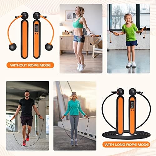 Skipping RopeCordless Jump Rope with Counter Smart Calorie Display Ball Bearing, Tangle-free Adjustable Skipping Rope for Home Gym Workout Crossfit Boxing Exercise for Men Women Kids, Orange
