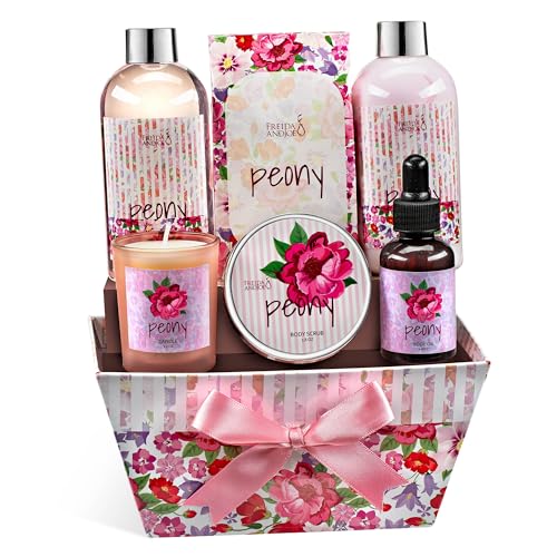 Bath and Body Gift Set for Women with Shower Gel, Body Lotion, Body Scrub, Body Oil, Bath Salt, and Scented Candle – Perfect Spa Valentines Gift (Peony Floral)