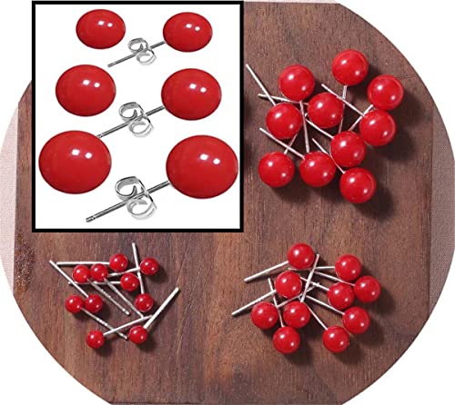 3 Pairs Pearl Red Stud Earrings for Women Round Ball Stud Earrings Set3