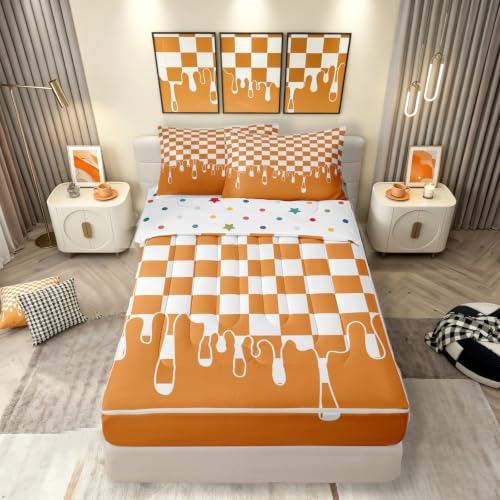 Image of Orange Checkered Twin Zip Up Comforter Set for Boys Girls,Checkerboard Drip Printed Bedding with Matching Fitted Sheet & Pillow Shams,Indie Aesthetic Funky Modern Geometric Durable Kids Bed in a Bag