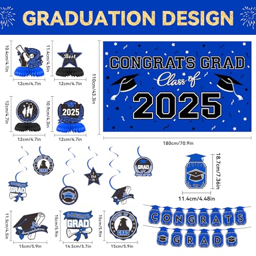 Image of Graduation Decorations 2025 Set Grad Party Supplies with Congrats Grad Banner, Class of 2025 Backdrop, Balloons & Streamers Kit, Foil Number 2025, Honeycomb, Porch Sign for Graduation Decor Blue