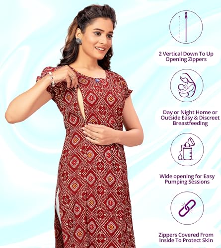 Image of RITIJYA Maternitywear Poly Viscose Straight Feeding Kurtis for Women with Zip | Maternity Dress for Nursing & Pregnancy (9091 38,Jazzy Maroon)
