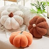 Juexica 3 Pieces Stuffed Pumpkin Pillow Fluffy Plush 3D Pumpkin Shaped Decoration Fall Thanksgiving Halloween Pillow Cushion Cute Soft Throw for Sofa Couch Supplies (White,Orange,Brown)