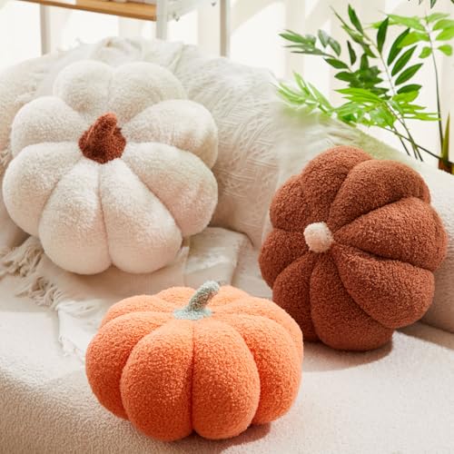 Juexica 3 Pieces Stuffed Pumpkin Pillow Fluffy Plush 3D Pumpkin Shaped Decoration Fall Thanksgiving Halloween Pillow Cushion Cute Soft Throw for Sofa Couch Supplies (White,Orange,Brown)