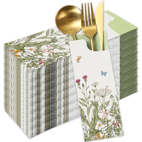 Whaline 100 Pcs Wildflower Paper Silverware Bags Cutlery Holders Vintage Floral Utensil Disposable Paper Bag Pocket for Spring Party Dinner Table Decor