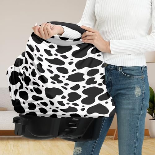 Image of Baby Car Seat Cover Cute Cow Print Nursing Cover and Carseat Cover, Stretchable Nursing Scarf Stroller Shopping Cart Cover for Baby
