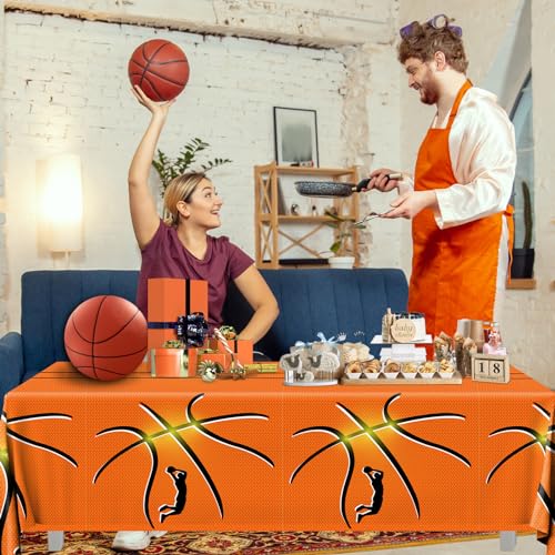 Image of Basketball Party Decorations 2PCS Basketball Plastic Tablecloths Disposable Rectangle Sport Theme Table Covers for Birthday Sports Party Decorations
