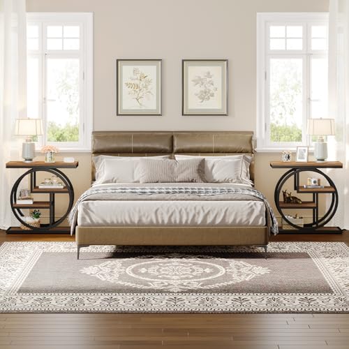 Image of Tribesigns End Table Set of 2, 4-Tier Narrow Side Table with Storage Shelves, Wood Small Sofa Side Table with Geometric Metal Frame, Industrial Bedside Table for Bedroom, Living Room, Natural Brown