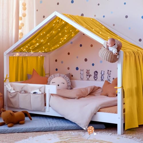 Vicloon Juego de Decoración para Cama de Casa, 135 * 360 cm Dosel para Cama de Niños, 100% muselina orgánica, Dosel Cama Compatible Cama Montessori para Niños y Niñas (Amarillo Jengibre)