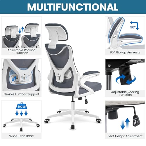 Sedia Ufficio Ergonomica con Braccioli Poggiatesta Regolabile Schienale Alto Funzione Dondolo Poltrona Scrivania Girevole in Rete Traspirante con Supporto Lombare Nera/Grigia - Sedia gaming - Immagine 6