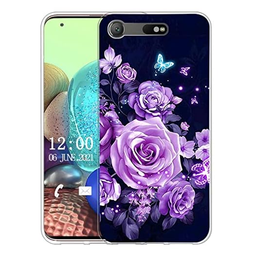 Sunrive skal Kompatibel med Sony Xperia XZ1 Compact Silikonskal, ultra slim kristallklar Fodral Case TPU Silikon flexibel väska etui skyddsskal bakska mobilskal-X Fjärilar och rosor
