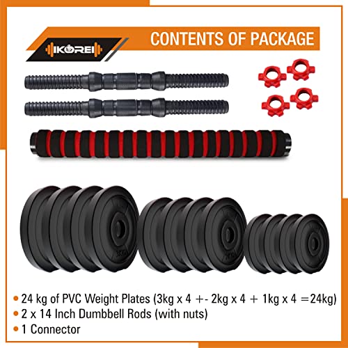 Image of Kore 3 In 1 Convertible 24 Kg Pvc Dumbbells Set, Black