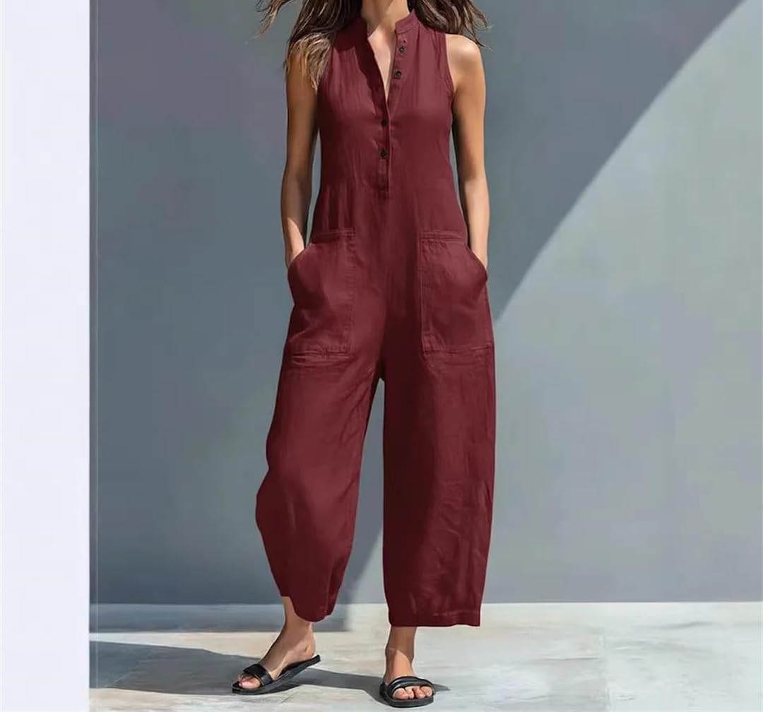 Yeuyyben Mono de una pieza sin mangas con cuello alto y pierna ancha para mujer, cintura alta, bolsillo, oficina, casual, elegante