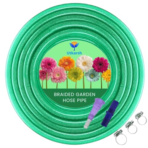 Image of Utkarsh Heavy Duty PVC Braided Water Hose Pipe - 10 Meter / 0.5 inch, with 1 Tap Adapter, Connector & 3 Clamps for Garden, Car Wash, Floor Clean, Pet Bath, Easy to Use Indoor /Outdoor (32.8 feet)