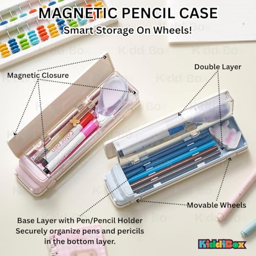 Image of KiddiBox Magnetic Pencil Box, Bus Themed Luxury Pencil Case for Kids - Stationary Organizer Pencil Box for Girls, Boys, Pencil Box for Boy & Girl, Magnetic, Return Gift for Kid Pink (Pack of 1)