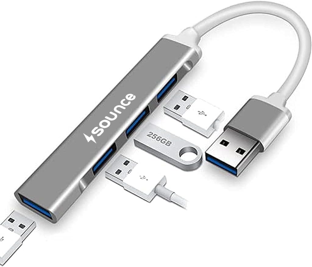 Sounce 4-Port USB 3.0 Hub for PC – High-Speed Aluminum USB Hub Compatible with PC, MacBook, Mac Pro, Mac mini, iMac, Surface Pro, and XPS. 4-Port High Speed USB Hub with Aluminium Shell