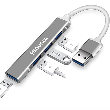 Sounce 4-Port USB 3.0 Hub for PC – High-Speed Aluminum USB Hub Compatible with PC, MacBook, Mac Pro, Mac Mini, iMac, Surface Pro, and XPS. 4-Port High Speed USB Hub with Aluminium Shell