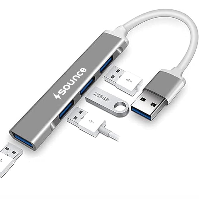 Sounce 4-Port USB 3.0 Hub for PC – High-Speed Aluminum USB Hub Compatible with PC, MacBook, Mac Pro, Mac mini, iMac, Surface Pro, and XPS. 4-Port High Speed USB Hub with Aluminium Shell