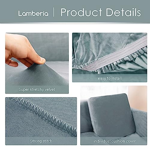 Lamberia High Stretch Sofa Cover For 2 Cushion Couch Loveseat Cover 3 Pieces Thick &Washable Plush Velvet Sofa Slipcover Couch Cover Furniture Protector For Dogs,Pets&Kids (Stone Blue, Sofa-Xl) #TOP2