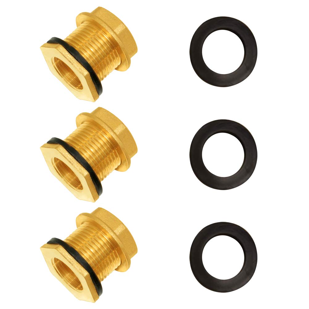 Hooshing 3PCS 1/2" Female 3/4" Male Brass Bulkhead Fitting Water Tank Connector Threaded with Rubber Ring