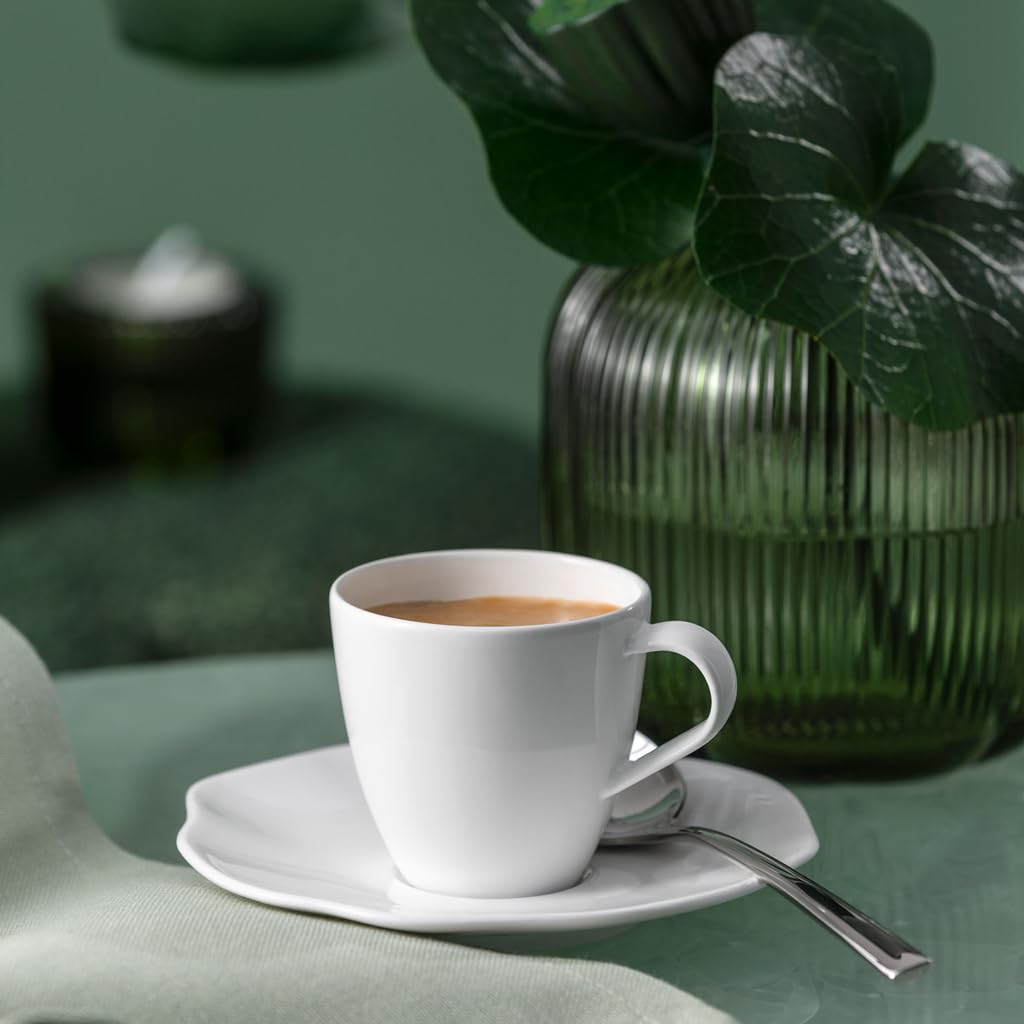 Villeroy & Boch – Pura Espressotassen mit Untertassen 6er Set, 50 ml, Reinweiß, spülmaschinenfest & mikrowellensicher, fließende Form, Premium Bone Porzellan made in Germany