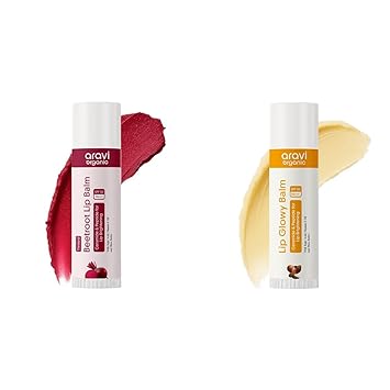 Aravi Organic Lip Balm Combo | Beetroot Tinted Lip Balm SPF 50 PA+++ & Natural Glowy Balm SPF 50 PA+++ | Brightens Dark Lips, Hydrates Dry & Chapped Lips | Kojic Acid & Ceramide | 5g (Pack Of 2)