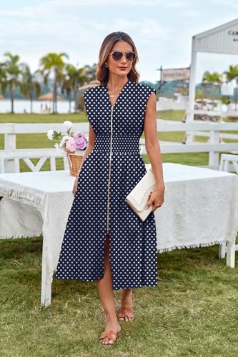 Image of GRACE KARIN Womens Summer Casual Dress, Business Office Work Dresses, Cap Sleeve Zipper Front Flowy Midi Dress with Pockets