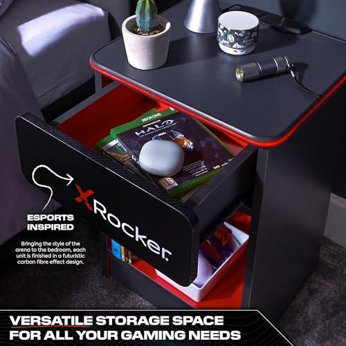 X-Rocker Carbon-Tek Gaming Bedside Table Unit with Built-in Wireless Charging and Ambient RGB Lighting, Gaming Bedroom Furniture Side Cabinet End Tbale with Drawer and Storage Shelf - Black/Grey - Image 6