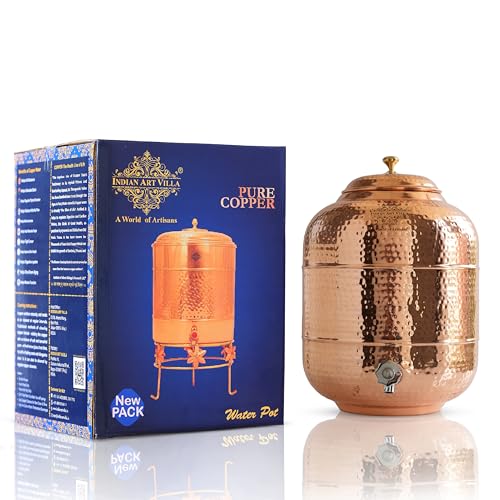 Indian Art Villa Handmade Pure Copper Water Dispenser, Storage Pot Tank|for Kitchen, Home usage 338 OZ