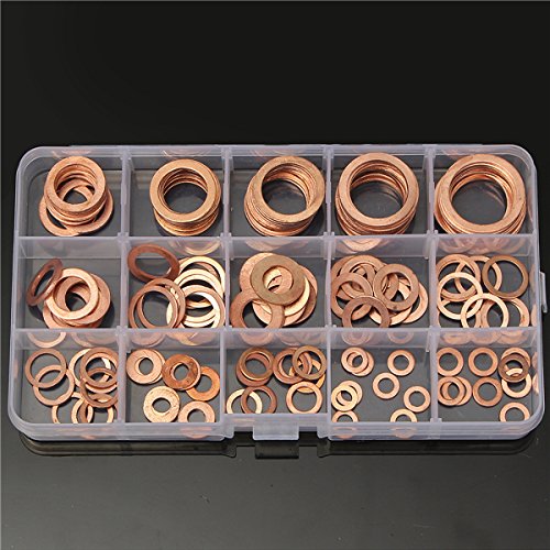 150Pcs Arandelas De Cobre Macizo Tapón De Sumidero Surtido De Arandelas Caja De Plástico 15 Tamaños