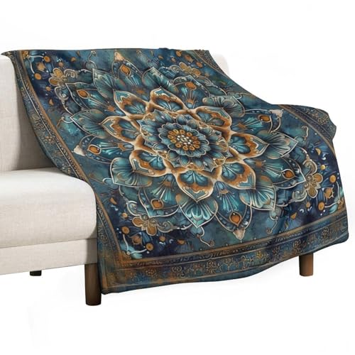 KWQDOZF Manta Vintage Bohemia con diseño Floral de Mandala para sofá, Suave y acogedora Franela con patrón Art déco clásico para Acampar y Viajar, 30 x 40 Pulgadas