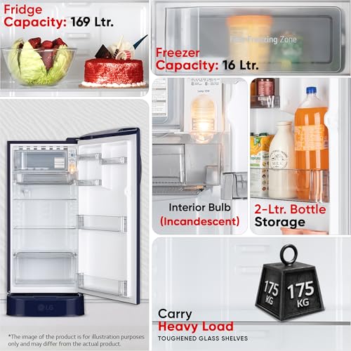 Image of LG 185 L, 5 Star, Smart Inverter, Direct Cool Single Door Refrigerator (GLD1956ZABI, Blue Ilan, Fit Max Chiller Tray, Base stand with Drawer & Runs on Home Inverter)