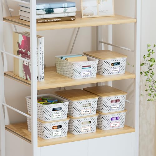 Anysig 8 Packs Plastic Storage Bins with Bamboo Lids - Stackable Storage Bins Decorative Small Basket Containers for Organizing Shelves Office Classroom Desktop Closet, Cream White - Image 7