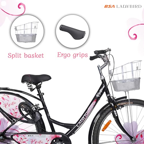Image of BSA LADYBIRD Evita Cycle for Girls 10 to 15 Years | 2 Years Warranty | 26T Bicycle for Girls and Women with Front Basket & Integrated Carrier, 90% Assembled & Durable Rigid Frame Cycle (Black)