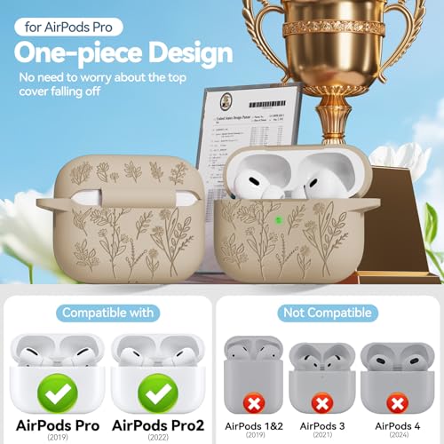 Image of for Apple AirPods Pro 2nd /1st Generation, Soft Silicone Flower Engraved AirPods Pro 2 Gen Protective Case Cover for Women Airpod Case with Clean Kit,Carabiner,Front LED Visible,Sand Powder