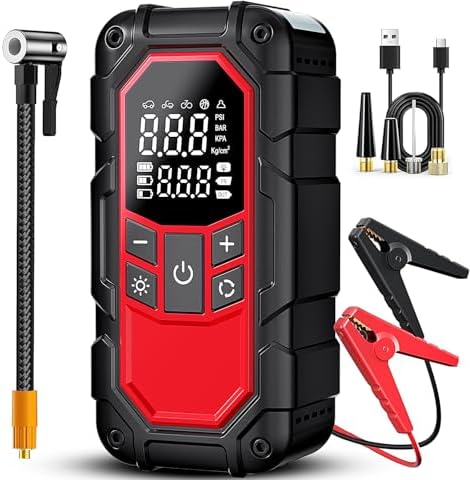 Jump Starter with Air Compressor,Car Battery Jump Starter (9.0 Gasoline/6.5L Diesel) with 150PSI Digital tire inflator Portable,12V Power Pack Car Jump Box Charger with LCD Display, Lights