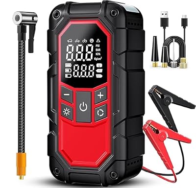 Jump Starter with Air Compressor,Car Battery Jump Starter (9.0 Gasoline/6.5L Diesel) with 150PSI Digital tire inflator Portable,12V Power Pack Car Jump Box Charger with LCD Display, Lights
