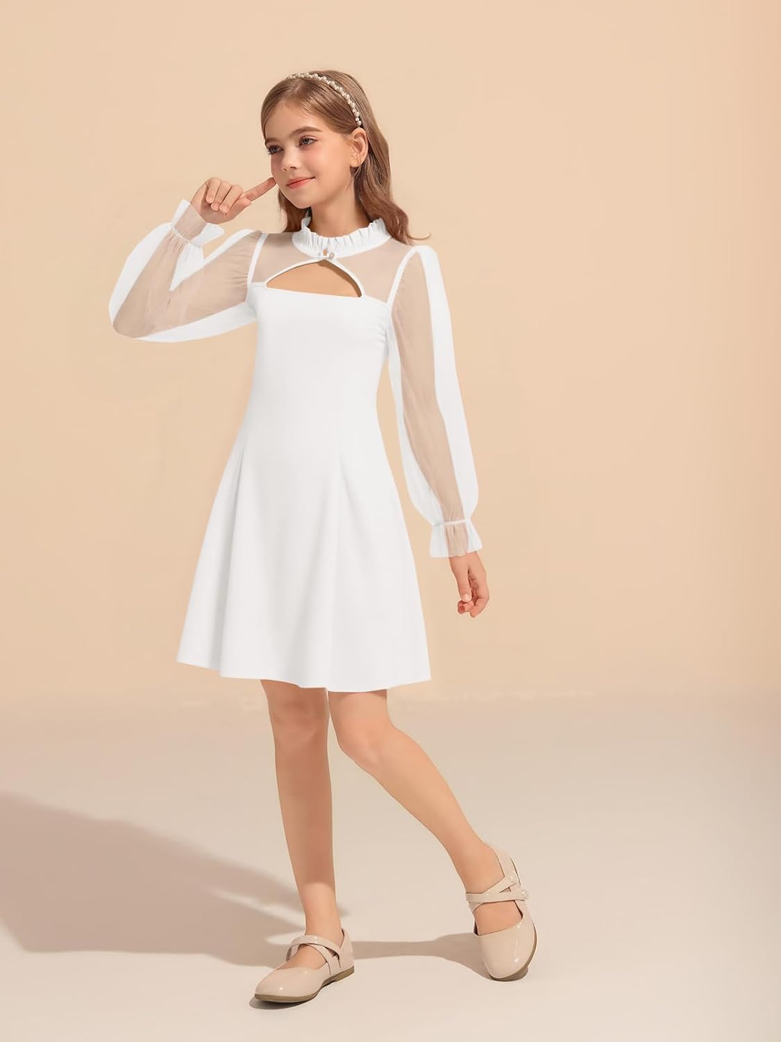 Haloumoning Girls Dresses Contrast Mesh Puff Long Sleeve Dress Kids High Waist A Line Wedding Party Dress 5-14Y - Image 4