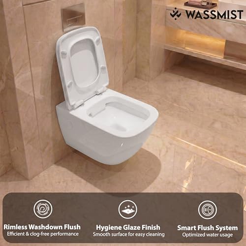 Image of WASSMIST Wall Hung Western Toilet | Rimless Wash Down Ceramic Commode | Modern Space Saving Bathroom WC | Premium Sanitary Ware (White)