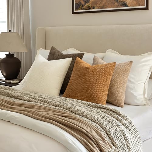 Image of MIULEE Pack of 4 Brown Couch Throw Pillow Covers 16x16 Inch Soft Decorative Chenille Pillows Farmhouse Accent Cushions for Boho Home Decor Spring Sofa Bedroom Living Room