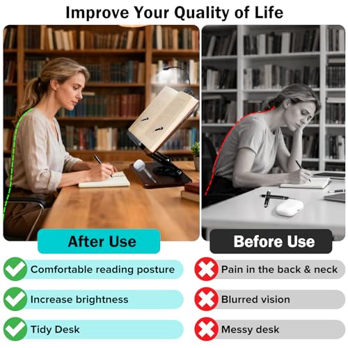 Image of Book Stand with Light & Storage, Book Holders for Reading Hands Free, Wooden Cookbook Stand with Adjustable Height & 360 Angle for Recipe,Magazine,Laptop,Tablet, Bible