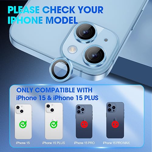 Image of Glass Camera Lens Protector Compatible For Iphone 15 /15 Plus,Individual Metal Ring 9H Hardness Scratchproof Protector,Stylish Accessories,Case Friendly(Blue)