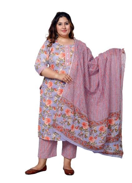 Plus Size Floral Print Pure Cotton Straight Kurta Sky Blue, Dupatta & Pant Set