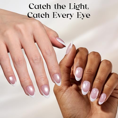 Image of Beetles French Tip Press On Nails, 160Pcs Short Almond Cat Eye Pink Tips | 16 Sizes and 160 Pcs Support Easy Fit; Pink Cat Eye French Look for Short Almond DIY Manicures