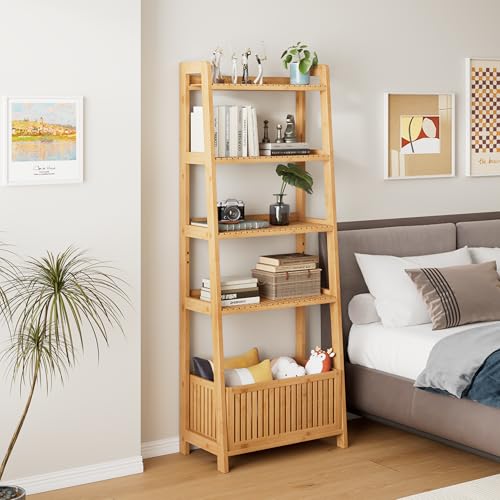 Bamjoy Bamboo Ladder Shelf, Bookshelf with 4 Display Shelves and 1 Open Storage Basket...